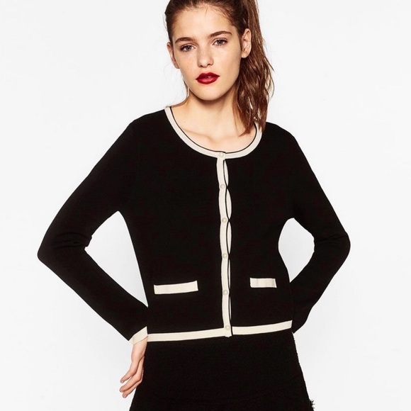 Zara Sweaters - Zara Black Cardigan with Cream Contrast Trim Pearl Button M